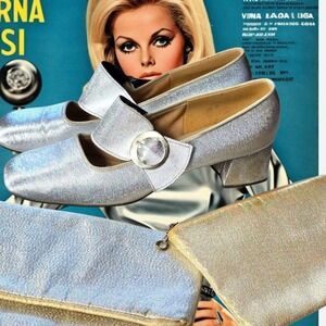 1960s Mod Silver‎ Block Heel Shoes w/ Buckle Strap + Matching Purses Charm...